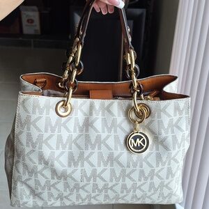 Michael Kors Vanilla Logo Tote with Brown Leather Trim and Gold Hardware